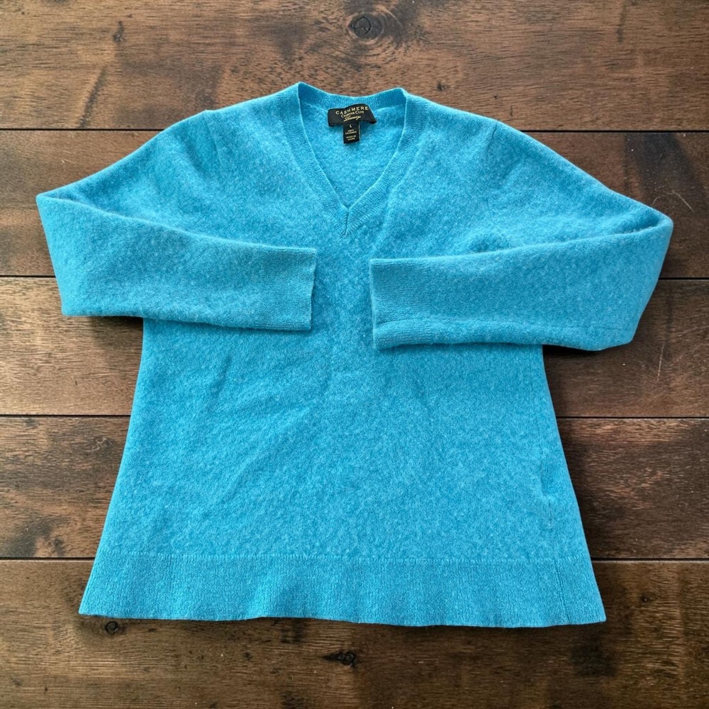 Charter Club Luxury 100% Cashmere V-Neck Sweater Womens XS Tag L Turquoise Blue